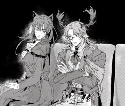 Rule 34 | 1boy, 1girl, animal ears, antlers, arknights, cat ears, cat girl, cat tail, couch, cowboy shot, crossed arms, czerny (arknights), deer antlers, deer boy, gertrude strollo (arknights), greyscale, horns, long hair, monochrome, monocle, on couch, pointy ears, ppboxz, sitting, smile, tail