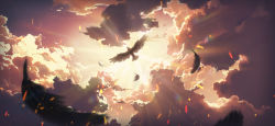 Rule 34 | bird, chinese commentary, cloud, cloudy sky, commentary request, day, feathers, highres, masterwork apocalypse, no humans, official art, outdoors, pawnluoluo, sky, sunlight