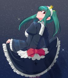 Rule 34 | 10s, 1girl, bad id, bad pixiv id, crown, frills, green hair, hair between eyes, kuroi ginko, long hair, long sleeves, looking at viewer, looking back, maid, mini crown, night, night sky, planet with, puffy sleeves, red eyes, sidelocks, skirt, skirt hold, sky, smile, solo, standing, star (sky), tilted headwear, tottotonero, twintails