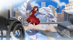 Rule 34 | 1girl, :o, absurdres, barefoot, bird, blue skirt, brown eyes, building, city, cloud, day, different reflection, dress, feathered wings, highres, momose ramu, original, outdoors, puddle, red dress, reflection, rooftop, school uniform, short sleeves, skirt, skyline, skyscraper, wheelchair, white wings, wings