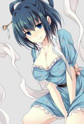 Rule 34 | 1girl, :q, bad id, bad pixiv id, blue dress, blue eyes, blue hair, breasts, cleavage, collarbone, dress, dutch angle, floral print, flower, frilled dress, frills, hagoromo, hair ornament, hair rings, hair stick, highres, kaku seiga, large breasts, leaning forward, open clothes, open vest, puffy short sleeves, puffy sleeves, sameya, shawl, short hair, short sleeves, solo, tongue, tongue out, touhou, v arms, vest