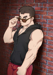 Rule 34 | 1boy, abs, adjusting eyewear, bara, bare shoulders, barry go, blush, body hair, brown hair, bulge, chest hair, cowboy shot, facial hair, goatee, hood, hoodie, long sideburns, male focus, manly, muscular, pants, pectorals, sideburns, sleeveless, sleeveless hoodie, solo, stubble, sunglasses, takabushi kengo, thick eyebrows, tokyo houkago summoners, upper body