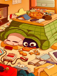 Rule 34 | absurdres, bag, bag of chips, basket, blush, book, bookshelf, box, cable, character doll, chips (food), closed eyes, commentary request, controller, cookie, crumbs, cup, cushion, drooling, famicom, fang, food, fruit, game console, game controller, gooey (kirby), handheld game console, heater, highres, indoors, jar, kirby, kirby (series), kotatsu, long tongue, lying, mandarin orange, mittens, nintendo, nintendo ds, no humans, on stomach, open book, open mouth, orange peel, paper, potato chips, satojoyu, smile, star (symbol), star-shaped pillow, table, teapot, television, tissue, tissue box, tongue, tongue out, under kotatsu, under table, unworn mittens, yunomi