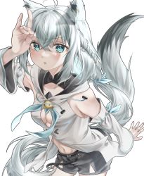 Rule 34 | 1girl, ahoge, animal ear fluff, animal ears, arm up, black shorts, blue neckerchief, blush, braid, breasts, cleavage, commentary request, detached sleeves, earrings, fox ears, fox girl, fox shadow puppet, fox tail, green eyes, hair between eyes, highres, hololive, hood, hoodie, jewelry, long hair, looking at viewer, midriff, navel, neckerchief, open mouth, rearea 7777, shirakami fubuki, shirakami fubuki (1st costume), short shorts, shorts, sidelocks, simple background, single braid, small breasts, solo, tail, virtual youtuber, white background, white hair, white hoodie