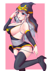 Rule 34 | 1girl, :p, ashe (league of legends), black dress, black footwear, black panties, blue eyes, boots, breasts, cleavage, detached sleeves, dress, earrings, from side, grey hair, hand up, high heel boots, high heels, highres, hood, hood up, jewelry, large breasts, league of legends, long hair, panties, panty pull, popoman, short dress, sideboob, smile, solo, thigh boots, thighhighs, tongue, tongue out, underwear, weapon, white background