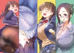Rule 34 | 4girls, :d, ahoge, ass, back, black jacket, blazer, blue pants, blush, bow, bowtie, bra, bralines, breasts, brown-framed eyewear, brown eyes, brown hair, choppiri toshiue demo kanojo ni shite kuremasu ka?, clenched hand, closed eyes, closed mouth, clothes lift, collarbone, collared shirt, cowboy shot, denim, dress shirt, eyelashes, folded ponytail, from behind, glasses, glint, hair between eyes, hair ornament, hairclip, hand up, highres, huge breasts, jacket, jeans, jewelry, lace, lace bra, large breasts, long hair, long sleeves, looking at viewer, looking back, miniskirt, multiple girls, nanase meruchi, necklace, open clothes, open jacket, open mouth, orihara hime, panties, panties under pantyhose, pants, pantyhose, parted bangs, plaid, plaid skirt, red bow, red bowtie, ribbed sweater, school uniform, see-through, semi-rimless eyewear, shirt, skirt, skirt lift, smile, standing, sweater, tearing up, tears, teeth, thigh gap, thighband pantyhose, tongue, under-rim eyewear, underwear, upper teeth only, upside-down, white bra, white panties, white shirt
