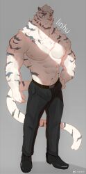 Rule 34 | 1boy, abs, animal ears, arknights, bara, bulge, crack of light, full body, furry, furry male, highres, large pectorals, linhu, looking at viewer, male focus, mature male, mountain (arknights), muscular, muscular male, navel, navel hair, nipples, pectorals, scar, scar across eye, short hair, solo, standing, stomach, thick eyebrows, tiger boy, tiger ears, topless male, white fur, white hair