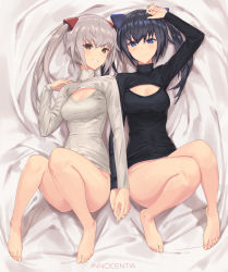 Rule 34 | 2girls, alternate costume, barefoot, black hair, black sweater, blue eyes, blush, bottomless, breasts, brown eyes, center opening, character name, cleavage cutout, closed mouth, clothing cutout, covered erect nipples, covered navel, ears visible through hair, frame arms girl, full body, grey hair, grin, hair between eyes, hair ornament, highres, innocentia, long hair, looking at viewer, lying, medium breasts, meme attire, multiple girls, on back, open-chest sweater, shiny skin, sigm@, smile, sweater, twintails, white sweater