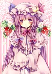 Rule 34 | 1girl, bad id, bad pixiv id, capelet, coat, crescent, dress, food, fruit, hair ribbon, hat, highres, long hair, long sleeves, looking at viewer, mob cap, open clothes, open coat, patchouli knowledge, purple eyes, purple hair, ribbon, solo, strawberry, striped clothes, striped dress, touhou, tress ribbon, ukita uuko, very long hair, wide sleeves