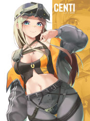 Rule 34 | 1girl, absurdres, artist name, bandaid, bandaid on face, bandaid on nose, belt, black belt, blonde hair, blue eyes, blush, breasts, centi (nikke), character name, cleavage, closed mouth, codpiece, commentary, cowboy shot, crop top, english commentary, goddess of victory: nikke, grey jacket, grey pants, helmet, highres, jacket, jewelry, long hair, looking at viewer, medium breasts, midriff, navel, necklace, off shoulder, open clothes, open jacket, pants, simple background, smile, solo, standing, thigh gap, two-sided fabric, two-sided jacket, van.elv, white background, zoom layer