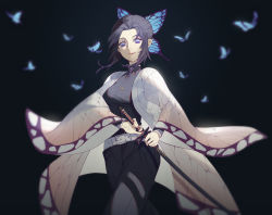 Rule 34 | 1girl, animal print, belt, black background, blue butterfly, blurry, bug, butterfly, butterfly hair ornament, butterfly print, depth of field, hair ornament, haori, highres, bug, japanese clothes, katana, kimetsu no yaiba, kochou shinobu, looking at viewer, no pupils, purple butterfly, purple eyes, purple hair, shaded face, smile, solo, sword, weapon, white belt, whither laws, wide sleeves