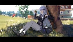 Rule 34 | assault rifle, bad id, bad pixiv id, blunt bangs, building, closed mouth, explosive, facial mark, girls&#039; frontline, green eyes, grenade, gun, h&amp;k hk416, heckler &amp; koch, hk416 (girls&#039; frontline), letterboxed, long hair, outdoors, pantyhose, plaid, plaid skirt, playerunknown&#039;s battlegrounds, pleated skirt, rifle, scenery, school uniform, silver hair, sitting, skirt, solo, topu, tree, under tree, weapon, white pantyhose