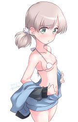 Rule 34 | 1girl, aki (girls und panzer), artist name, bikini, blonde hair, blush, breasts, clothes pull, collarbone, covered erect nipples, cowboy shot, dated, girls und panzer, green eyes, highres, jacket, jacket pull, keizoku military uniform, kuzuryuu kennosuke, looking at viewer, micro bikini, navel, no pants, one-hour drawing challenge, open mouth, shiny skin, short hair, simple background, skindentation, small breasts, solo, standing, sweat, swimsuit, track jacket, undressing, white background, white bikini