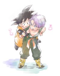 Rule 34 | 2boys, :d, black eyes, black hair, blue eyes, blush, blush stickers, boots, dougi, dragon ball, dragonball z, floating, flower, full body, happy, long sleeves, looking back, male focus, multiple boys, open mouth, pink flower, purple hair, shadow, short hair, simple background, smile, son goten, spiked hair, spread legs, standing, trunks (dragon ball), white background, wristband, yosi (yosi ton)