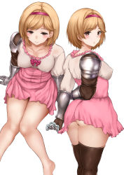 Rule 34 | 1girl, absurdres, arm support, ass, breasts, brown eyes, brown thighhighs, collarbone, covered erect nipples, djeeta (granblue fantasy), fighter (granblue fantasy), gauntlets, granblue fantasy, hairband, has bad revision, has downscaled revision, high-waist skirt, highres, jirusu, knees together feet apart, light brown hair, looking at viewer, md5 mismatch, medium breasts, multiple views, no bra, pink skirt, red hairband, resolution mismatch, shirt, short hair, short sleeves, simple background, sitting, skirt, source smaller, standing, thighhighs, white background, white shirt
