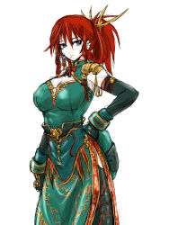 Rule 34 | 1girl, alternate costume, alternate hairstyle, armor, blue eyes, breasts, closed mouth, earrings, gloves, hand on own hip, highres, hong meiling, jewelry, large breasts, ledjoker07, long hair, red hair, ribbon, shoulder pads, solo, touhou