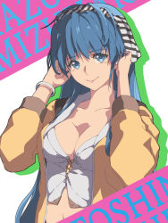 Rule 34 | 1girl, bandana, blue eyes, blue hair, bracelet, breasts, chiharu (9654784), hand on own ear, hand on own ear, highres, jacket, jewelry, large breasts, long hair, looking at viewer, navel, open clothes, open jacket, original, smile, solo, stomach