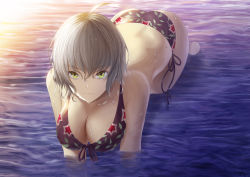 Rule 34 | &gt;:(, 1girl, absurdres, ahoge, all fours, ass, bikini, breasts, cleavage, fate/grand order, fate (series), front-tie bikini top, front-tie top, frown, fujifuji924, green eyes, grey hair, hair between eyes, highres, jeanne d&#039;arc (fate), jeanne d&#039;arc alter (avenger) (fate), jeanne d&#039;arc alter (fate), large breasts, looking at viewer, partially submerged, short hair, side-tie bikini bottom, swimsuit, wading, water, water drop, wet, wet hair