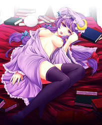 Rule 34 | 1girl, :3, bare shoulders, bed sheet, book, breasts, crescent, female focus, highres, jyun, long hair, lying, nipples, off shoulder, on back, open clothes, patchouli knowledge, purple eyes, purple hair, solo, thighhighs, touhou