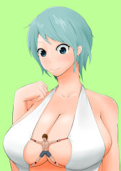 Rule 34 | 1boy, 1girl, artist request, bare shoulders, bdsm, blue eyes, bondage, bound, breasts, cleavage, femdom, giant, giantess, green background, green hair, highres, large breasts, looking down, mini person, miniboy, short hair, simple background, size difference, smile, upper body
