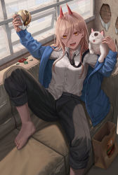 Rule 34 | 1girl, :d, absurdres, animal, bag, barefoot, black necktie, black pants, blue jacket, broken window, burger, cat, chainsaw man, collared shirt, couch, crack, cracked wall, eating, food, highres, indoors, jacket, lettuce, loose necktie, meowy (chainsaw man), necktie, on couch, open mouth, pants, pants rolled up, paper bag, power (chainsaw man), sharp teeth, shirt, shirt partially tucked in, silvertsuki, smile, teeth, tomato, untucked shirt, window
