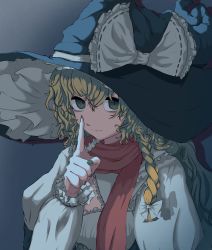 Rule 34 | 1girl, bags under eyes, black hat, blonde hair, blouse, bow, braid, cleavage cutout, clothing cutout, commentary request, cookie (touhou), finger to mouth, frilled hat, frilled sleeves, frills, gradient background, green eyes, green nails, grey background, hair between eyes, hair bow, hat, highres, juliet sleeves, kirisame marisa, long hair, long sleeves, looking at viewer, mars (cookie), nail polish, odoro (nicoseiga81184094), open mouth, puffy sleeves, red scarf, scarf, shirt, single braid, solo, touhou, upper body, wavy hair, white bow, white shirt, witch hat