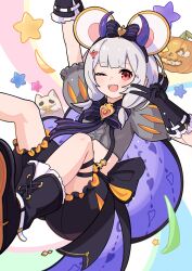 1girl ;d absurdres animal_ears black_footwear black_gloves brooch cheese fake_horns food frilled_gloves frilled_shorts frills gloves granblue_fantasy grey_shirt heart heart_brooch highres horn_hairband horns jack-o&#039;-lantern jewelry midriff mouse_(animal) mouse_ears one_eye_closed open_mouth pigking_luneth print_cape puffy_shorts red_eyes shirt short_hair shorts smile solo star_(symbol) stomach suspender_shorts suspenders v vikala_(granblue_fantasy) vikala_(halloween)_(granblue_fantasy) white_hair