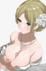 Rule 34 | 1boy, 1girl, blue eyes, blush, breasts squeezed together, breasts, censored, closed mouth, commentary request, earrings, elbow gloves, flower, gloves, greyscale, hair flower, hair ornament, hetero, highres, jewelry, kaminari doon, large breasts, monochrome, mosaic censoring, nipples, original, paizuri, penis, revision, simple background, solo focus, white gloves