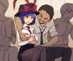 Rule 34 | 1girl, 3boys, adapted costume, alcohol, arm around shoulder, beer, black hat, black necktie, black pants, black pantyhose, black skirt, blue hair, blush, bow, breasts, dress shirt, drunk, grabbing, grabbing another&#039;s breast, grin, groping, hat, hat bow, hetero, large breasts, long sleeves, miniskirt, multiple boys, nagae iku, necktie, office lady, pants, pantyhose, parted lips, pencil skirt, red bow, red eyes, shirt, short hair, sitting, skirt, sleeves rolled up, smile, sweat, touhou, urin, white shirt