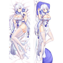 Rule 34 | 1girl, ass, azur lane, blue flower, breasts, china dress, chinese clothes, cleavage, cutout above navel, dakimakura (medium), dress, erspace, flower, folding fan, full body, garter straps, hair flower, hair ornament, hand fan, holding, holding fan, illustrious (azur lane), illustrious (maiden lily&#039;s radiance) (azur lane), large breasts, long hair, looking at viewer, mole, mole under eye, multiple views, official alternate costume, pelvic curtain, short sleeves, side slit, simple background, thighhighs, tri tails, very long hair, white background, white dress, white garter straps, white hair, white thighhighs