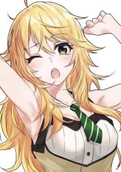 Rule 34 | 1girl, ahoge, armpits, arms up, bare shoulders, blonde hair, blush, breasts, brown dress, cleavage, clenched hand, collarbone, dress, green eyes, green necktie, highres, hoshii miki, idolmaster, idolmaster (classic), idolmaster million live!, idolmaster million live! theater days, long hair, looking at viewer, medium breasts, necktie, necktie necklace, one eye closed, open mouth, simple background, sleepy, sleeveless, sleeveless dress, solo, spoonkoros, striped clothes, striped dress, striped necktie, tears, teeth, upper body, upper teeth only, white background, yawning