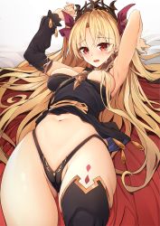 Rule 34 | 1girl, armpits, black thighhighs, blonde hair, breasts, cape, commentary request, detached sleeves, ereshkigal (fate), fate/grand order, fate (series), hair over breasts, hair over one breast, hair ribbon, highres, long hair, looking at viewer, medium breasts, navel, open mouth, red eyes, red ribbon, ribbon, shuutou haruka, single detached sleeve, single thighhigh, solo, tears, thighhighs, two side up