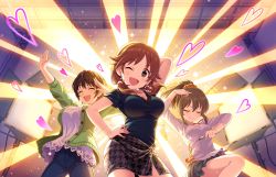 Rule 34 | 10s, 3girls, annindoufu (oicon), breasts, brown hair, card (medium), cleavage, earrings, closed eyes, hand on own hip, heart, hori yuuko, idolmaster, idolmaster cinderella girls, idolmaster cinderella girls starlight stage, jewelry, katagiri sanae, large breasts, lights, low twintails, multiple girls, necklace, official art, oikawa shizuku, one eye closed, open mouth, skirt, spoon, spork, sweater, twintails