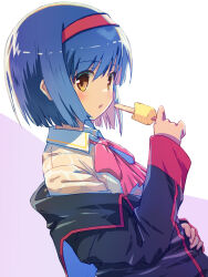Rule 34 | 1girl, akayama yukihe, black jacket, blue hair, blunt ends, blush, bob cut, bow, bra, bra peek, commentary, dress shirt, dutch angle, eyes visible through hair, food, from side, hairband, hand up, highres, holding, holding food, holding ice cream, hot, ice cream, jacket, little busters!, long hair, looking at viewer, nishizono mio, off shoulder, open mouth, pink bow, popsicle, red hairband, school uniform, see-through, see-through shirt, shirt, short hair, simple background, solo, straight hair, surprised, underwear, upper body, white background, white bra, white shirt, yellow eyes