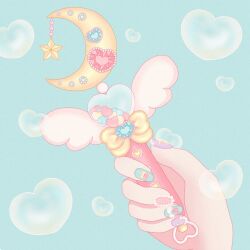 Rule 34 | 1other, angel wings, beads, blue background, blue gemstone, blue nails, bow, bubble, crescent, gem, heart, heart-shaped gem, highres, holding, holding wand, multicolored nails, nail art, nail polish, nekomaru0817, object focus, original, out of frame, pink gemstone, pink nails, purple nails, simple background, star (symbol), wand, wings, yellow bow