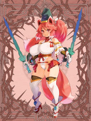 Rule 34 | 1girl, animal ears, art nouveau, breasts, dairoku ryouhei, dual wielding, expressionless, fox ears, fox girl, fox tail, full body, gloves, hat, high heels, high ponytail, holding, holding sword, holding weapon, huge breasts, long hair, looking at viewer, magatama, multicolored hair, official art, pink eyes, pink hair, ryoji (nomura ryouji), solo, standing, sword, tail, thighhighs, thorns, two-tone hair, weapon, white hair