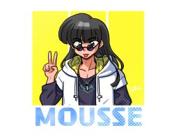 Rule 34 | 1boy, :p, black hair, black undershirt, character name, diamond (shape), green eyes, hand up, hood, hoodie, jacket, long hair, looking at viewer, looking over eyewear, mousse (ranma 1/2), ranma 1/2, signature, silver necklace, sunglasses, tongue, tongue out, two-tone background, upper body, v, wanta (futoshi), white hoodie