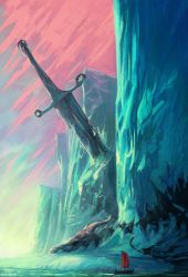 Rule 34 | absurdres, anato finnstark, artist name, day, dragon, giant, giant monster, green theme, highres, ice, iceberg, landscape, longship, original, outdoors, pink sky, planted, planted sword, planted weapon, skeleton, sky, sword, weapon