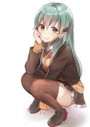 Rule 34 | 10s, 1girl, absurdres, aqua eyes, aqua hair, between legs, blazer, blush, bow, bowtie, brown thighhighs, closed mouth, collared shirt, frilled skirt, frills, green eyes, green hair, hair between eyes, hair ornament, hair over shoulder, hairclip, hand between legs, head rest, highres, jacket, kantai collection, loafers, long hair, looking at viewer, natsu (sinker8c), pleated skirt, remodel (kantai collection), school uniform, shadow, shirt, shoes, simple background, skirt, smile, solo, squatting, suzuya (kancolle), thighhighs, white background, zettai ryouiki