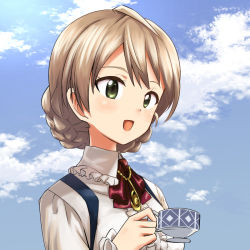 Rule 34 | 1girl, :d, blonde hair, braid, cloud, cloudy sky, collared shirt, commentary request, cup, day, frilled shirt, frills, green eyes, holding, idolmaster, idolmaster million live!, idolmaster million live! theater days, jewelry, long sleeves, look-alike, neck ribbon, necklace, open mouth, outdoors, portrait, red ribbon, rents (akirents), ribbon, sakuramori kaori, shirt, short hair, sky, smile, solo, suspenders, teacup, twin braids, white shirt