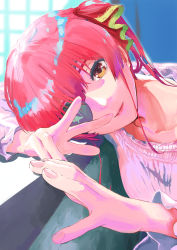 Rule 34 | 1girl, alternate costume, arrow through heart, breasts, collarbone, commentary, dress, etomina, eyepatch, hair ribbon, head rest, highres, hololive, houshou marine, indoors, light smile, lips, looking at viewer, medium breasts, medium hair, one eye covered, orange eyes, red hair, red ribbon, ribbon, solo, sunlight, twintails, upper body, virtual youtuber, white dress, window