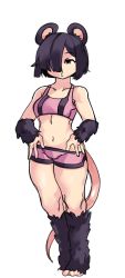 Rule 34 | 1girl, absurdres, animal ears, bare legs, bare shoulders, barefoot, black fur, black hair, brown eyes, collarbone, commentary, commission, dellu (geenymous), dolphin shorts, english commentary, full body, fur, hair over one eye, hands on own hips, highres, large mouse (monster girl encyclopedia), micro shorts, midriff, monster girl encyclopedia, mouse ears, mouse girl, mouse tail, navel, original, short hair, shorts, simple background, sketch, solo, sports bra, standing, tail, white background, zanamaoria