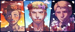 Rule 34 | 1boy, age progression, aged down, blonde hair, chinese commentary, commentary request, dated, facial hair, goatee, happy birthday, head wreath, highres, male focus, open mouth, paper crown, petals, reiner braun, shingeki no kyojin, smile, sweatdrop, yanglao paopaoren, yellow eyes