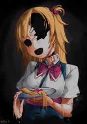 Rule 34 | 1girl, akai haato, akai haato (1st costume), artist name, black background, blonde hair, cloverse6, commentary, hair ornament, heart, heart hair ornament, highres, holding, holding plate, hololive, horror (theme), no eyes, open mouth, plate, ribbon, severed hair, severed hand, simple background, solo, stitched neck, stitches, upper body, virtual youtuber