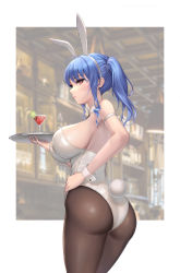 Rule 34 | 1girl, absurdres, alternate costume, animal ears, arm strap, ass, azur lane, black pantyhose, blue hair, blush, border, breasts, detached collar, fake animal ears, hand on own hip, highres, kie (wylee2212), large breasts, leotard, looking at viewer, medium hair, outside border, pantyhose, playboy bunny, purple eyes, rabbit ears, rabbit tail, solo, st. louis (azur lane), strapless, strapless leotard, tail, white border, white pantyhose, wrist cuffs
