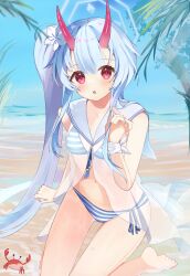 Rule 34 | 1girl, absurdres, animal, bare shoulders, beach, bikini, blue archive, blue hair, blue halo, blush, breasts, chise (blue archive), chise (swimsuit) (blue archive), crab, day, fingernails, flower, hair flower, hair ornament, halo, highres, horns, long hair, looking at viewer, navel, ocean, official alternate costume, official alternate hairstyle, outdoors, palm leaf, parted lips, red eyes, red horns, sailor collar, shishiodoshi, side ponytail, small breasts, soles, solo, striped bikini, striped clothes, swimsuit, toes, white flower, white sailor collar