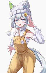 Rule 34 | 1girl, animal ears, arms up, bare shoulders, beanie, blue eyes, blue hair, blush, commentary request, cowboy shot, detached sleeves, ear covers, ears through headwear, hair between eyes, hair ornament, hairclip, hat, highres, horse ears, horse girl, lanyard, long sleeves, looking at viewer, official alternate costume, open mouth, orange overalls, overalls, peperoncino-sama, seiun sky (umamusume), short hair, single ear cover, sleeveless, sleeveless sweater, solo, sweat, sweater, tamagotchi, teeth, turtleneck, turtleneck sweater, umamusume, upper body, upper teeth only, w