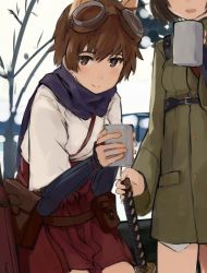 Rule 34 | 2girls, animal ears, bad id, bad twitter id, brown eyes, brown hair, cup, goggles, goggles on head, japanese clothes, katana, katou keiko, katou takeko, looking at viewer, military, military uniform, multiple girls, out of frame, scarf, shibafu (glock23), short hair, smile, strike witches, strike witches zero, sword, uniform, weapon, witches of africa, world witches series
