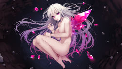 Rule 34 | 1girl, absurdres, blood, crystal, eyebrows, from side, full body, highres, long hair, looking at viewer, may (2747513627), multicolored hair, nude, original, purple hair, red eyes, solo, two-tone hair, white hair