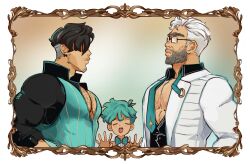 Rule 34 | 3boys, age difference, antonio satou, beard, beard stubble, black shirt, blurry, blurry background, blush, chest hair peek, closed eyes, collared shirt, duke botan satou, ear piercing, facial hair, fairytale police hoe department, glasses, green sweater vest, highres, idoraad, looking at another, male focus, mature male, multiple boys, multiple piercings, muscular, muscular male, onii-shota, open mouth, pectoral cleavage, pectorals, piercing, satou kotarou (fairytale police hoe department), shirt, sideburns, sparse stubble, stubble, sweater vest, transparent background, undercut, upper body, white hair